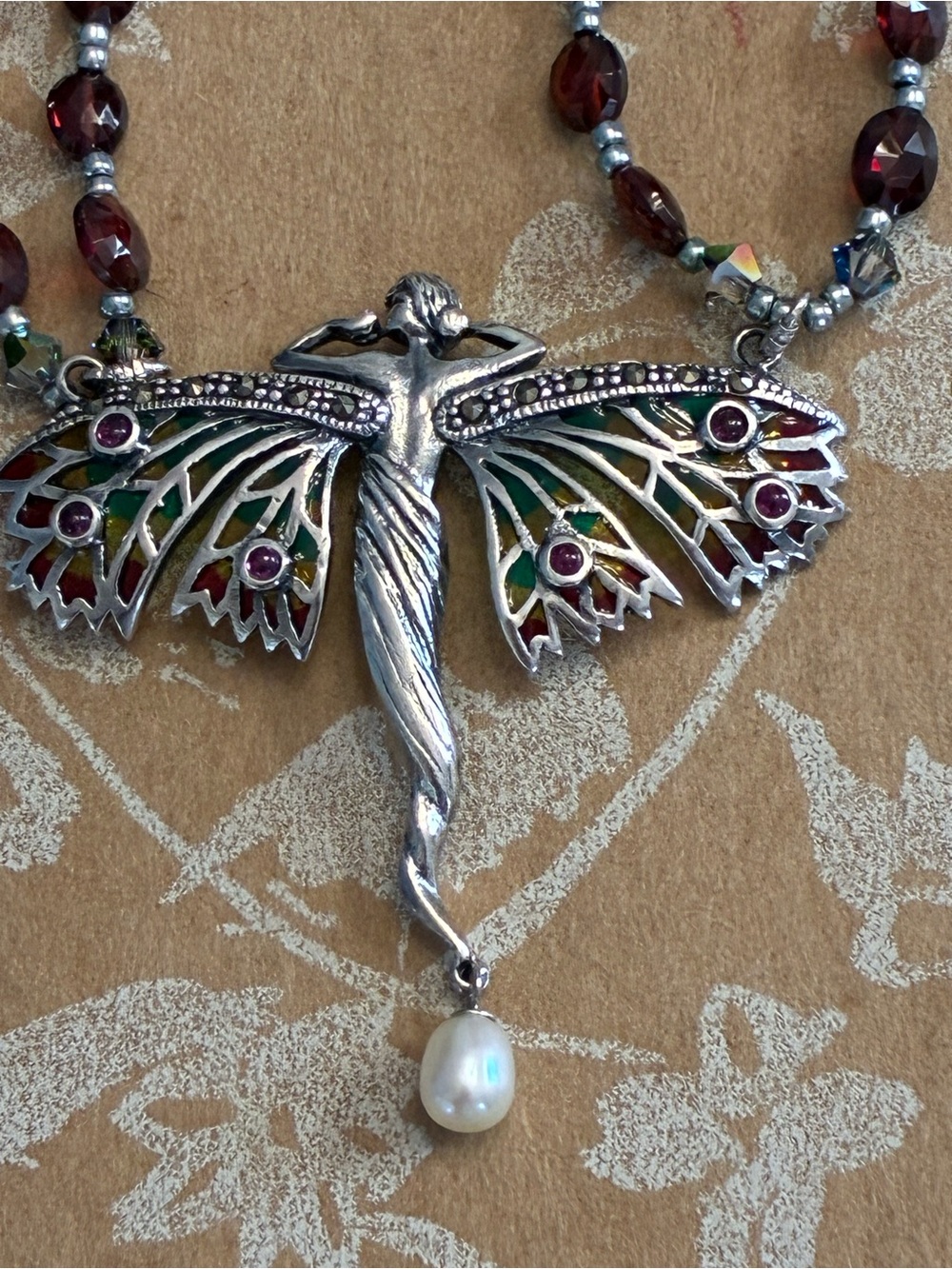 Artisan Sterling Silver Fairy Wing Necklace with Garnet Stones